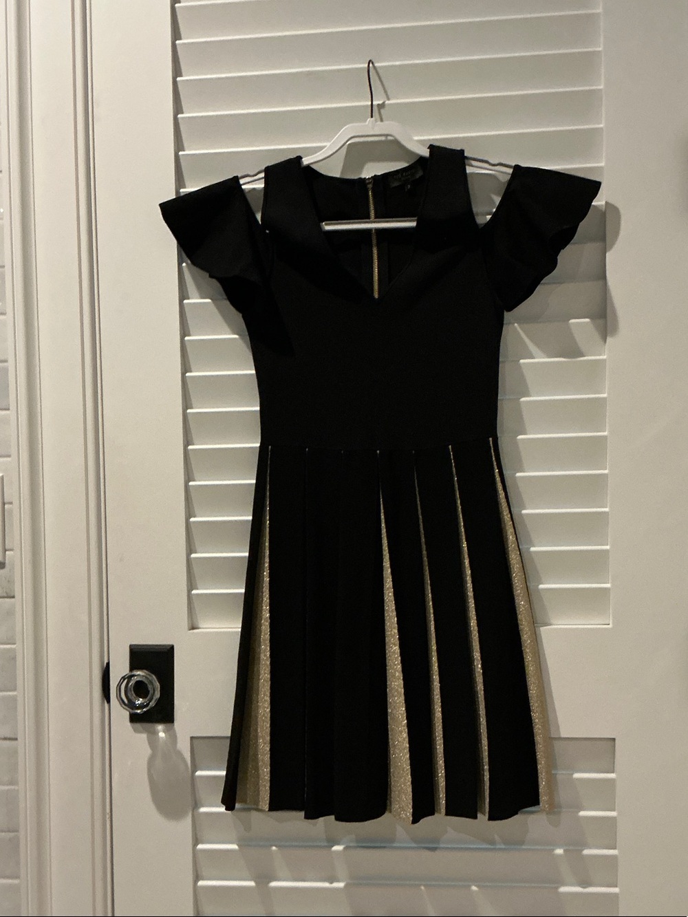 Ted Baker Black and Gold Pleated Cold-Shoulder Dress